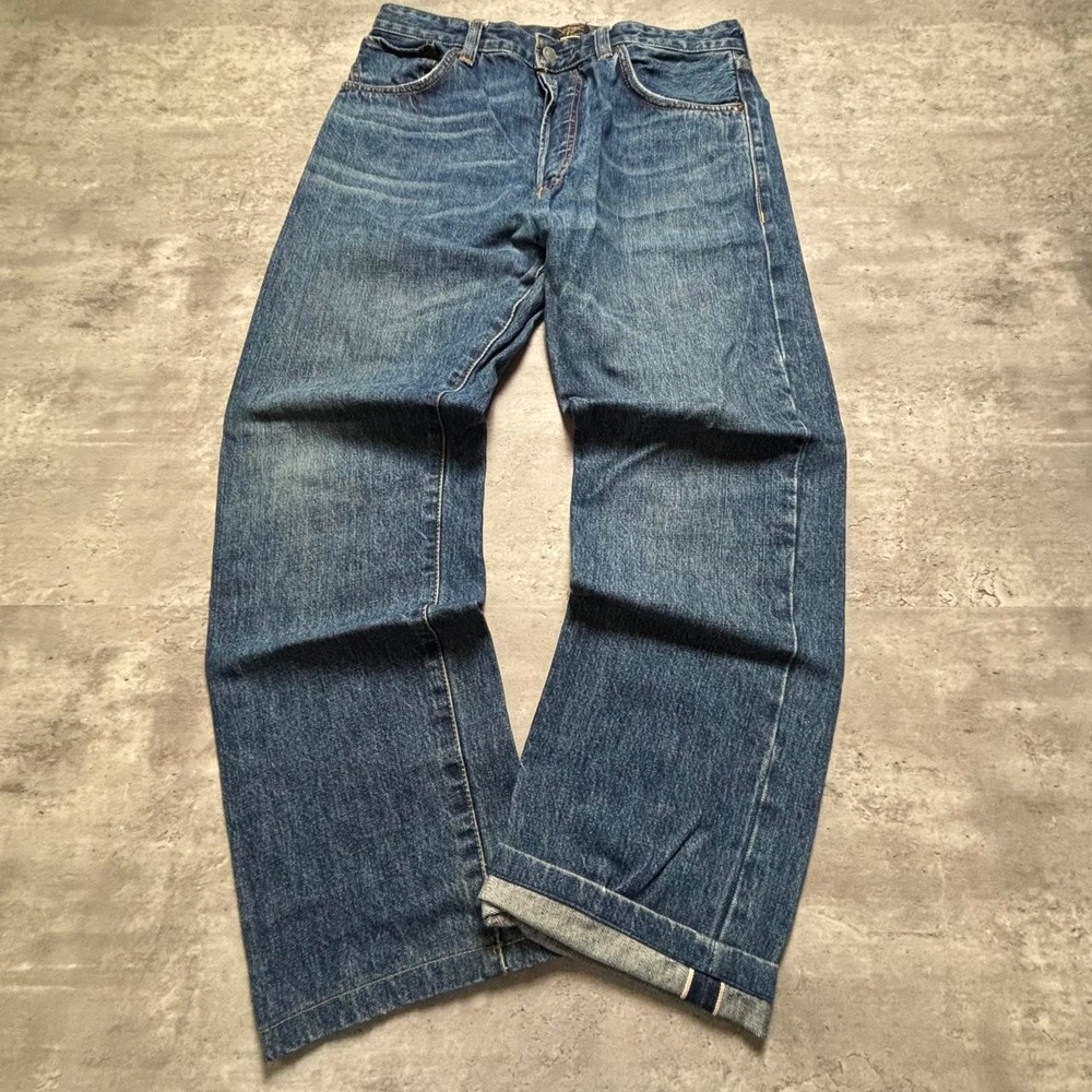 California Selvedge Denim Jeans 32x28 Blue Baggy Faded Button Fly Mens